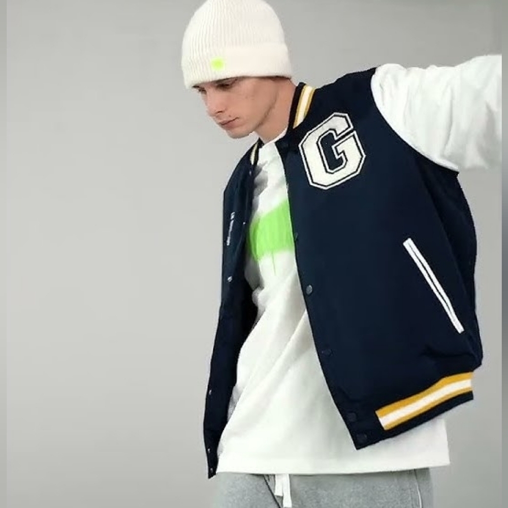 NWT Sz Small Iguana Unisex Varsity Bomber Jacket Blue White